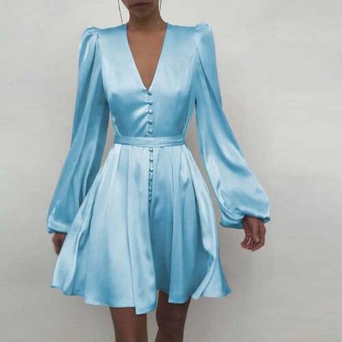 Women Sexy V-neck High Waist Satin Dress 2021 Spring Single Breasted Buttons Dress Summer Lantern Sleeve Solid A-Line Dress