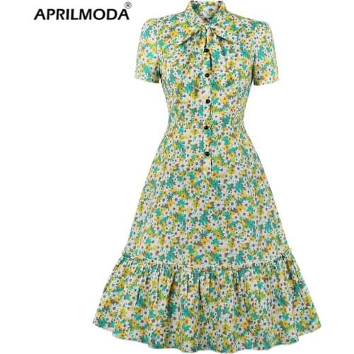 2021 Elegant Summer Women Party Dress Floral Bohemian Beach Y2K Aline Button Front Ruffle Shirt Sundress Green Pink Clothing 50s