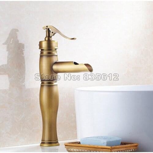 Antique Brass Single Handle Waterfall Style Bathroom Basin Sink Faucet Vessel Sink Mixer Taps Wan006