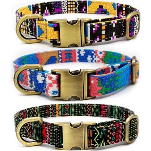 Boho Dog Collar Bronze Color Canvas Pet Collar Stripe Printed Dogs Leashes Bohemia Yorkie Metal Buckle Puppy Cat Necklace Colar