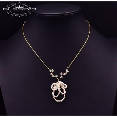 GLSEEVO Original Design Chain Necklace Fresh Water Pearl Bowknot Pendant Jewelry Cute For Women Daughters Birthday Gifts GN0211