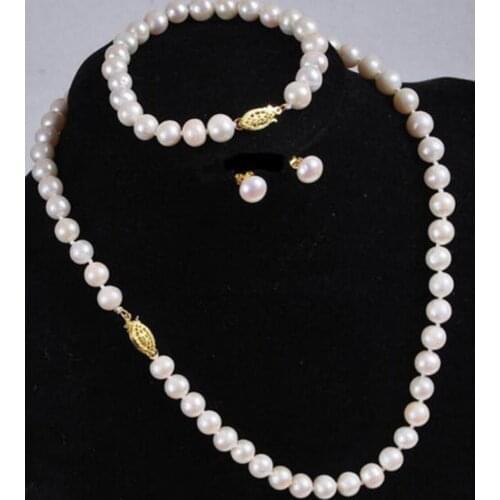 Natural 7-8MM White Akoya Cultured Pearl Necklace Bracelet Earring Set