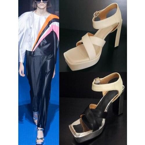 Summer Platform Square Open Toe Sandals Plated Chunky Heel Sandals Women Cross Strap Patchwork Cow Leather Stage Fashion Sandal