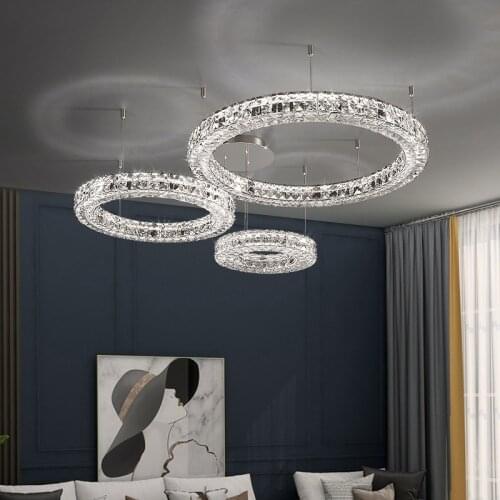 Modern Luxury K9 Crystals Led Dimmable Chandelier Livng Room Chrome Steel Pendant Chandelier Lustre Circle Ring Led Hanging Lamp