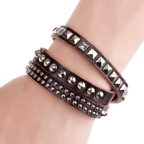 Multilayer Casual Rivet Brown Genuine Leather Punk Men Wrap Bracelets New Arrival Adjustable Women Jewelry Bracelets
