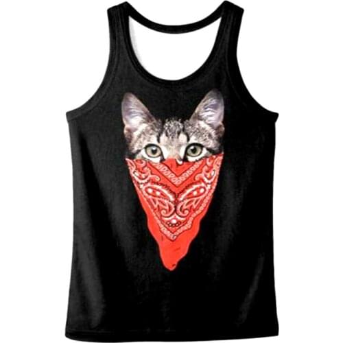 Fashion Animal Vest Red Triangle Scarf Gangster Cat Pattern 3D Print Men Tank Top Sleeveless Shirt Bodybuilding Undershirt Tees