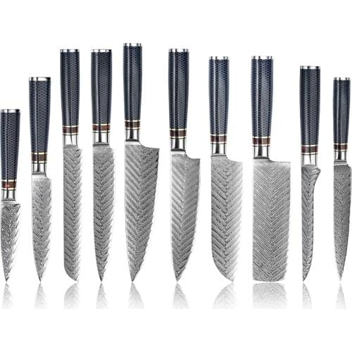 10PCS Knife Set Chef Knife Damascus Steel VG 10 Sharp Cleaver Paring Vegetable Blue Resin Honeycomb Handle Household Kitchen
