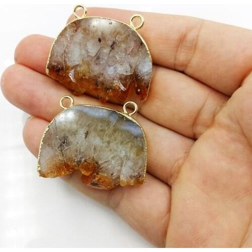 Natural Citrines half round Connectors Sil-ver Plated Raw Crystals Charm Pendant Gems Quartz Slice pendant for Jewelry DIY