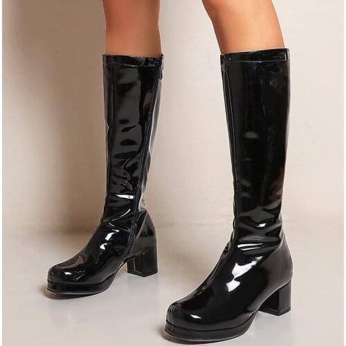 New fashion boots Patent Leather Womens Slip on Knee High Boots Women Fashion Square Heel Casual black white Women boots