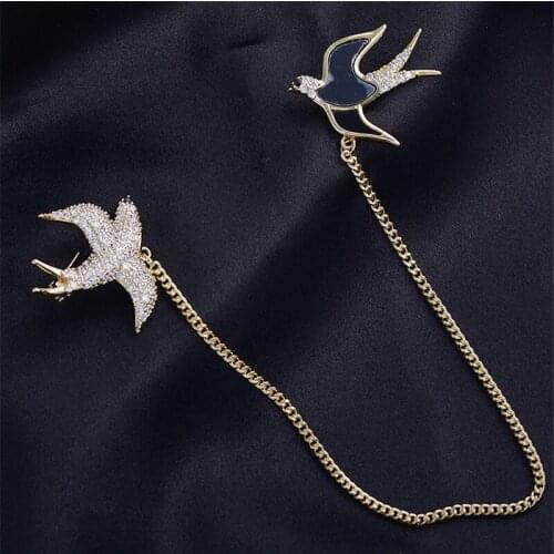 New Fashion Double Swallow Brooch Pin Creative Personality Mens Suit Coat Accessories Brooches Fashion Long Chain Enamel Pins