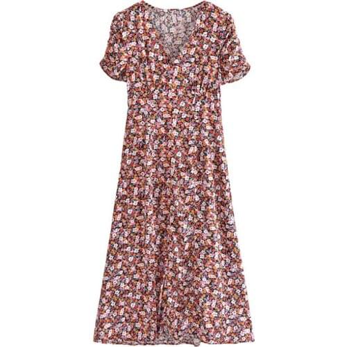 Women Elegant A Line V Neck Midi Dress Vintage Floral Printed Butterfly Sleeve Dresses Female Summer Casual Dresses