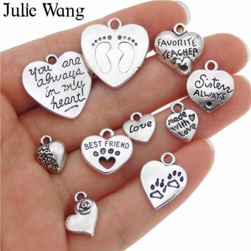 Julie Wang 10pcs Mixed Heart Love Charms Antique Silver Color Alloy Necklace Pendants Findings DIY Jewelry Making Accessory