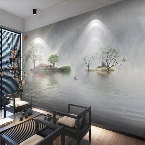 Custom wallpaper new Chinese style mood reflection fresh ink landscape sofa background wall high-grade waterproof material