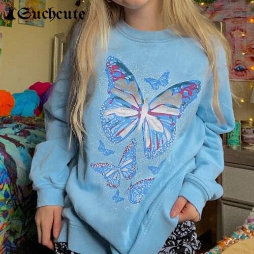 SUCHCUTE Kawaii Girls Pullovers Loose Casual Butterfly Printed Sweatshirts Aesthetic Harajuku Women Y2K Long Tops Streetwear