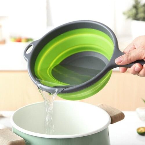 Hot Sale Foldable Silicone Colander Fruit Vegetable Washing Basket Strainer Collapsible Drainer With Handle Kitchen Tool