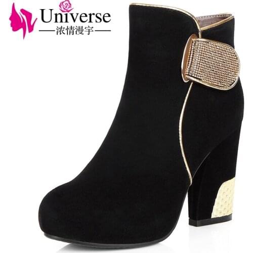 Universe Plus Size 4.5-8.5 platform ankle boots short plush warm cow suede luxury black high heels winter boots women shoes E328