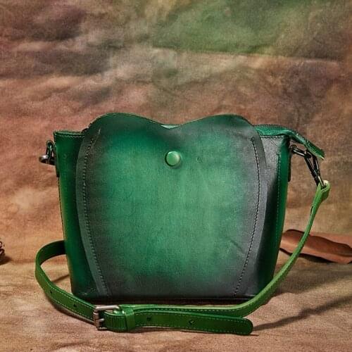 2021 Winter Retro Cow Leather Women Bucket Bag Hand Painted Patchwork Colors Shoulder Crossbody Bags Leisure Small Messenger Bag