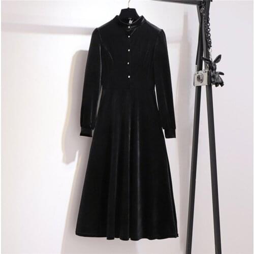 Autumn Winter Vintage Women Long Sleeve Gold Velvet Dress Big Size A-line Dress Elegant French Lady Black Dressess Vestidos 1280