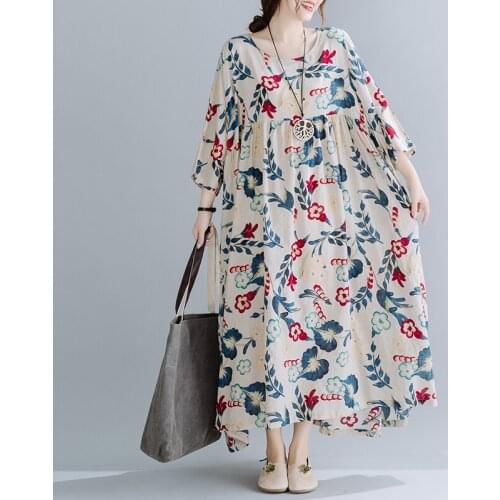 Long Maxi Dress 2021 New Arrival Thin Soft Cotton Loose Spring Summer Dress Print Floral Vintage Women Travel Casual Dress