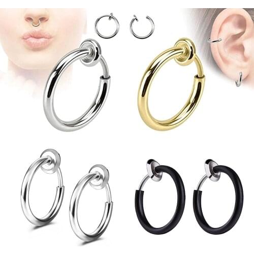 1 pc Fake Nose Ring retractable earrings Hoop Faux Lip Earrings Cartilage Septum Clip on Ear Lobe Helix Anti Conch Non Piercing