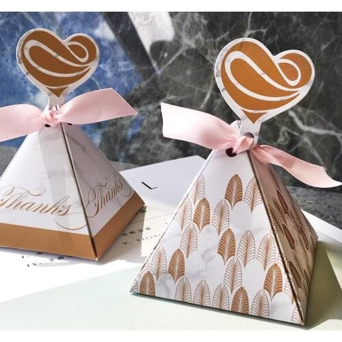 100pcs Triangular Pyramid European Brown Marble pattern Candy Boxes Wedding Favors Bomboniera Birthday Party Thanks gift box