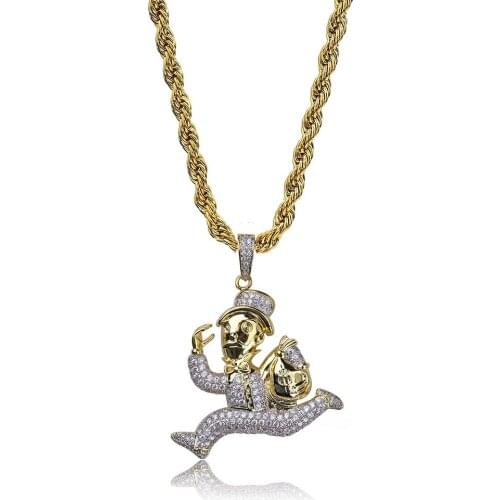 18K Gold Plated Bling CZ Simulated Diamond Iced Running Doll Pendant Necklace Hip Hop Chain Jewelry for Men Charm Gifts