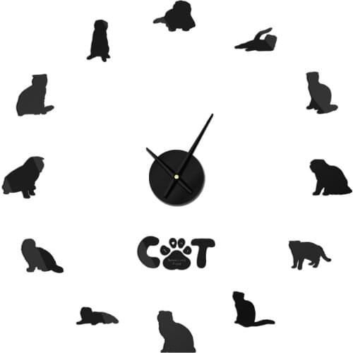 Scottish Fold Cat DIY 3D Acrylic Wall Clock Kitten Art Silent Unique Decorative Clock 3D Hanging Wall Watch No Ticking Sound