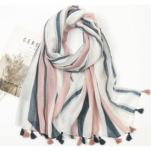 90-180CM Simple and Fashionable Pink - White Stripe Silk Scarf Sunscreen Tassel Long Shawl