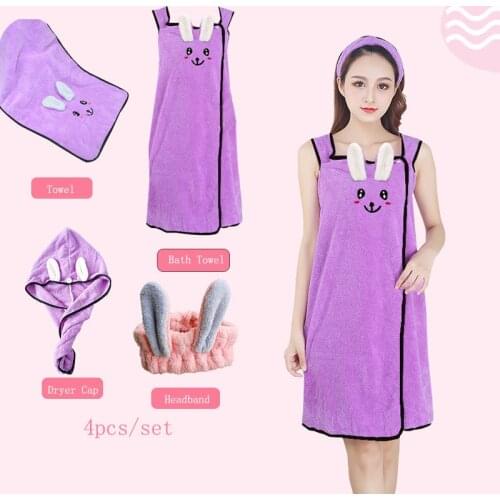 80X140cm 4pcs/set Rabbit Bath Towel Sling Bath Skirt Quick-drying Cartoon Suit Bathrobe+Hair Dryer Cap+Towel+Hairband Spa Towels