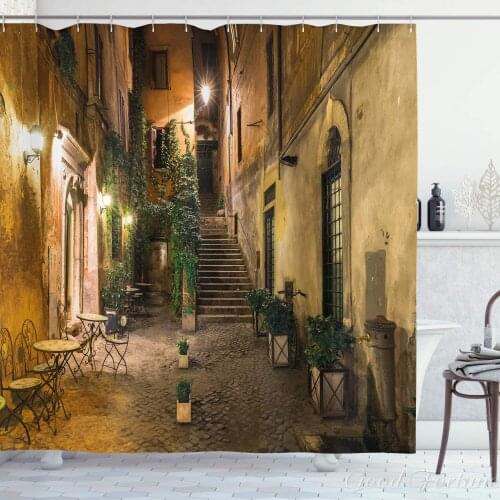 Italian Shower Curtain Old Courtyard Italy Cafe Chairs City Historic Houses In Street Bathroom Décor