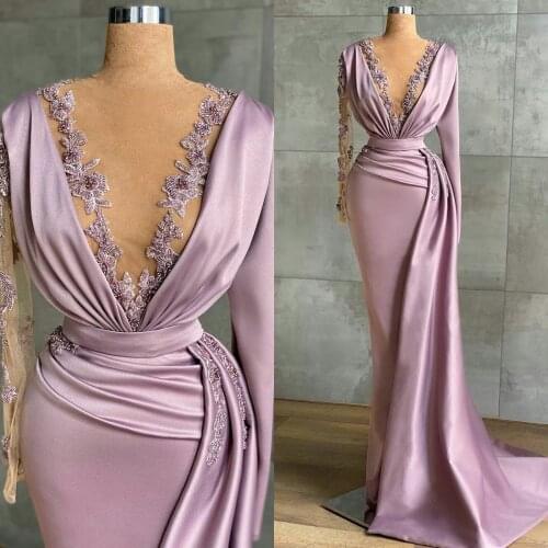 Lavender Evening Gowns Sheer Jewel Neck Beaded Mermaid Prom Dresses Party Wear Long Sleeve Women Formal Dress