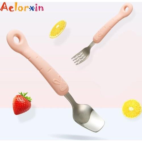 Baby Feeding Spoon Fork Children Utensil Stainless Steel Toddler Dinnerware Cutlery Cartoon Infant Food Feeding Spoon Fork