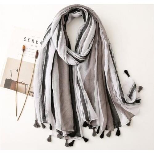 Fashion Striped Geometric Printed Scarves For Women Soft Long Hijab Shawl Tassel Neck Wraps