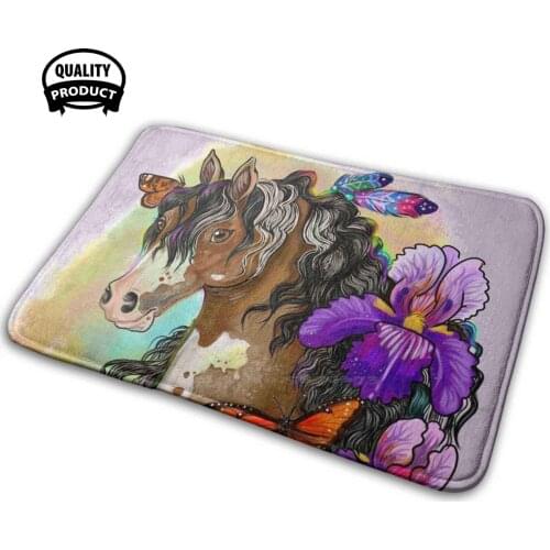 Paint Horse With Iris Flowers 3D Soft Non-Slip Mat Rug Carpet Cushion Horse Equine Flowers Iris Butterflies Feathers Totem
