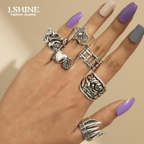 JShine 6 Pcs/Set Hyperbole Punk Claw Rose Flower Skull Heart Bicycle Chain Rings Set Stackable Bohemia Finger Rings Statement