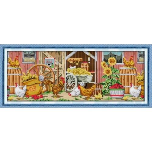 Chicks Farmhouse Scenery Cross Stitch Kits Print Embroidery Craft Kit 11CT 14CT Counting and Stamping Needlework Set Room Decor