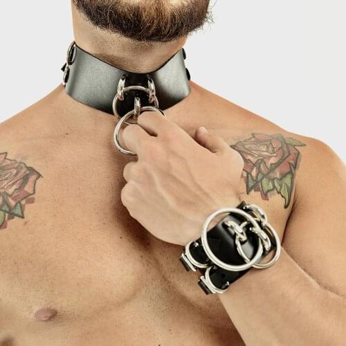 PU Leather Men Harness Handcuffs Gay Fetish Clubwear Costume Erotic Collar Festival Rave Wear Accessories Gothic Punk Bracelet