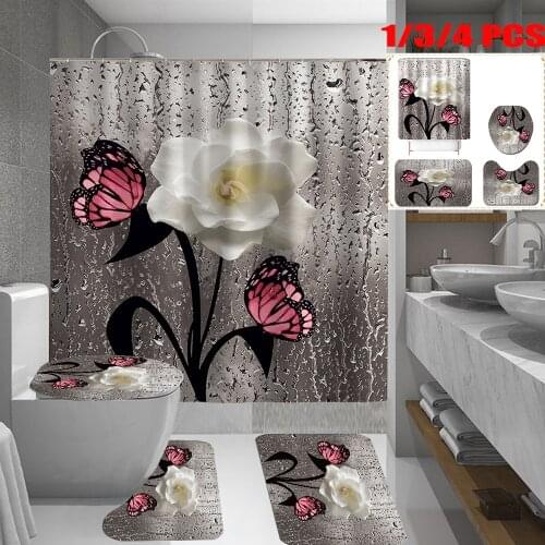 3D Flower Butterfly Water Drop Pattern Non-slip Bathroom Set, Including Shower Curtain, Bath Mat, Toilet Seat Cover, Toilet Seat