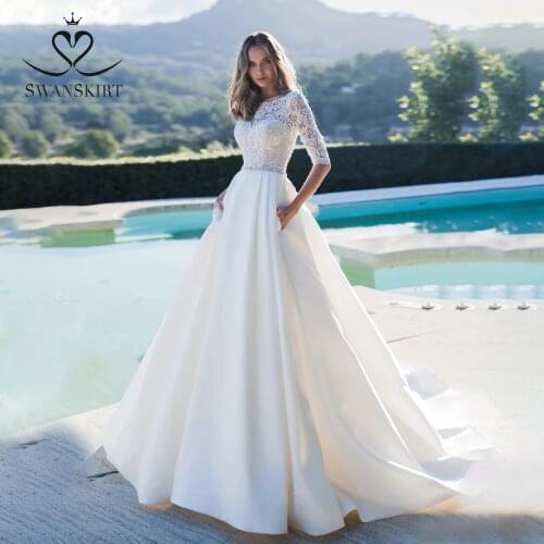 Appliques Satin Wedding Dress 2021 Luxury Crystal Belt Court Train A-Line Princess Bridal Gown SwanSarah K160 Vestido De Novia