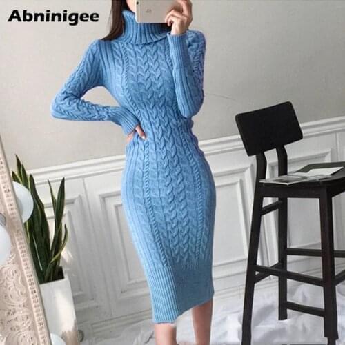 Womens Sweater Dress Elegant Autumn Winter Sexy Slim Bodycon Dresses Turtleneck Solid Color Thick Warm Knit Pullover Vestido