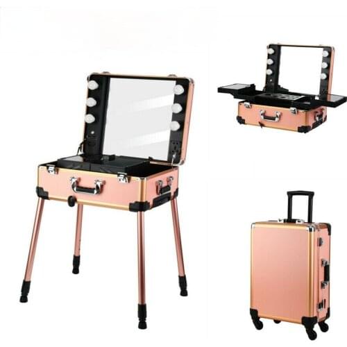 Professional Rod Box Makeup Box Mirror 6 LED Light Travel Large Capacity Trunk