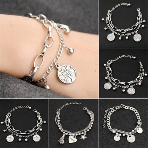 Stainless steel Silver Heart Star Palm Bracelet Woman Bangle Double Chain Gifts