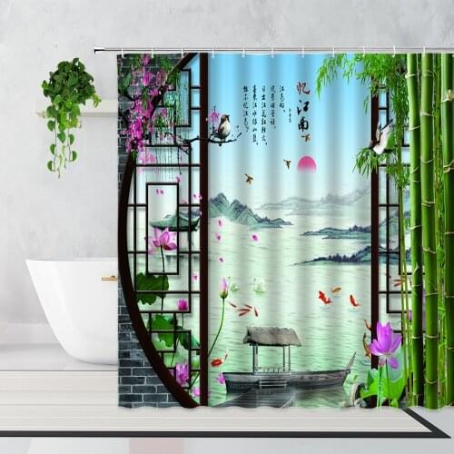Chinese Scenery Shower Curtain Mountain Water Flower Bird Lotus Bamboo 3D Pattern Home Decor Waterproof Bath Curtains With Hooks