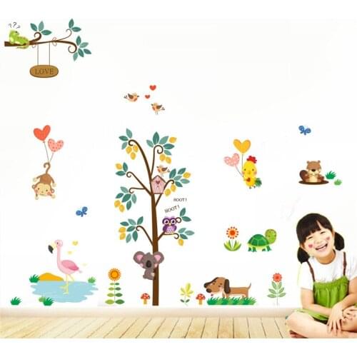 Owls Monkey Dog Flamingo Animal Tree Wall Stickers For Kindergarten Kids Room Home Decoration Cartoon Safari Zoo Mural Art Decal