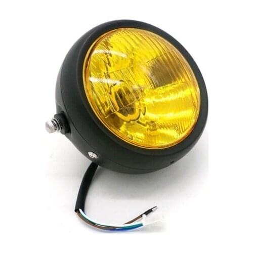 Universal Black Yellow Glass Motorbike Motor Front Headlights Lamp Vintage Round Motorcycle HeadLight