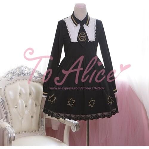 2016 Spring Womens Hexagam Magic Girl Preppy Style Lolita Long Sleeve Dress with Necktie Cute Color Black