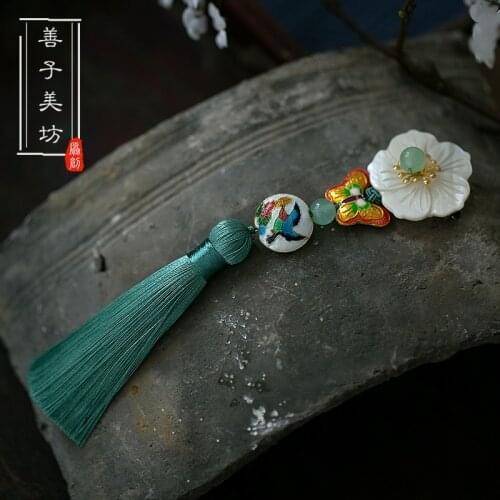 Chinese style handmade vintage tassel Cloisonne pearl GREEN brooch kimono/cheongsam accessories Pendant Dress decoration