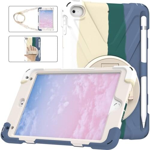 360 Rotating Silicone Case with Shoulder Strap and Kickstand for iPad Mini 5 Kids Case Mini 4 3 2 1 Shokcproof Cover+Pen