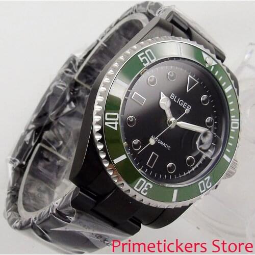 Green ceramic bezel 40mm black dial luminous date PVD coated case sapphire automatic mens watch