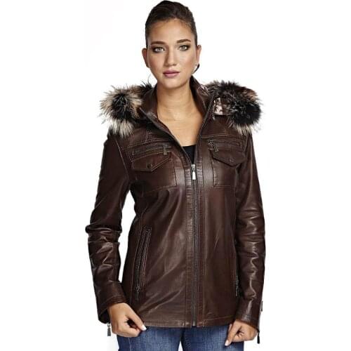 Genuine Sheep Leather Jacket for Women brown-Color Hooded Long Leather Jacket Classic Leather Goods from Turkey